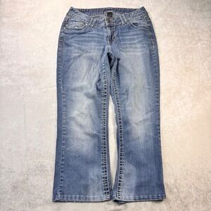 Y2K Low Rise Bootcut Flare Jeans Embroidered Pockets Medium Wash Size 16